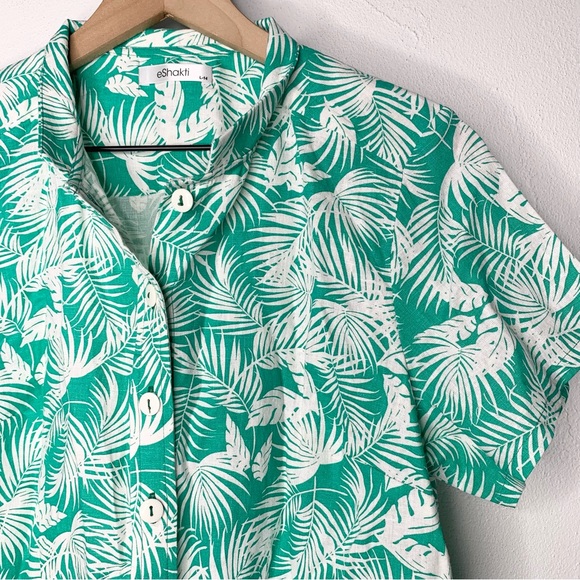 eShakti large Linen Blend Tropical Palm Button Down Shirt Aqua Mint Green - Picture 2 of 8